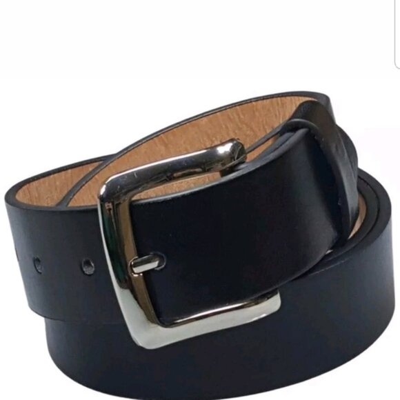 Men's Plain Black Genuine Leather Casual Dress Black 2 Belts with Silver Buckle - Picture 2 of 3